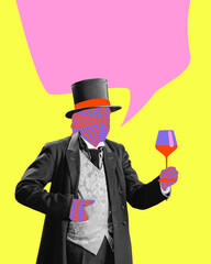 Medieval man, gentleman with wine glass and speech bubble in pop art style, on bright yellow background. Contemporary art collage. Concept of history, fusion, comparison of eras. Copy space for ad