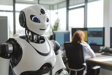 Futuristic office with ai robot assistant in modern workspace for innovation and productivity