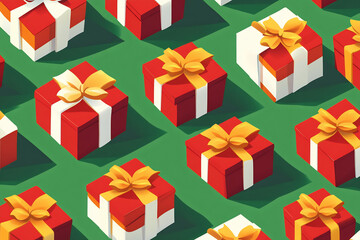 Fototapeta premium A vibrant array of colorful gift boxes with bows arranged on a green surface during festive season preparations