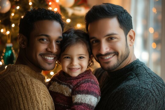 Portrait of a happy gay couple and their daughter smiling together in front of a christmas tree - Powered by Adobe