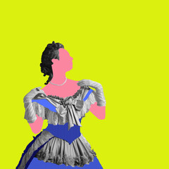 Abstract portrait of medieval royal person, woman, queen in elegant dress against neon bright background. Contemporary art collage. Concept of history, fusion, comparison of eras. Copy space