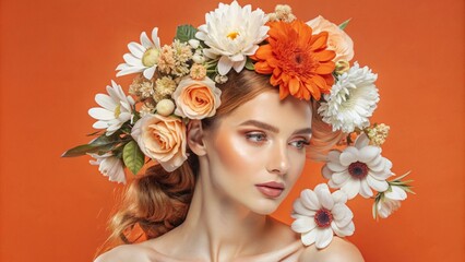 Fototapeta premium Portrait of a model-looking girl with a wreath of flowers on her head, demonstrating well-groomed hair. Hair care concept, studio photo.
