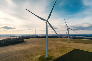 Wind turbines on rural landscape during golden hour for renewable energy