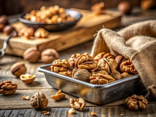 Baking Tray with Raw Peeled Walnuts and Linen Bag on Light Kitchen Background - Macro Tilt-Shift Photography for Food Enthusiasts and Culinary Aesthetics