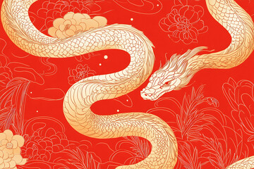 Obraz premium Elegant golden dragon entwined among lotus flowers on a vibrant red background