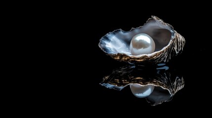 A pearl nestled in an open oyster shell, reflecting on a dark surface.