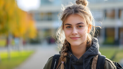 college student cute European 18 year old girl with backpack standing campus outside, smiling looking at the camera