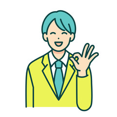 手でOKサインをして微笑む男の子。制服を着た男性のベクターイラスト素材。
