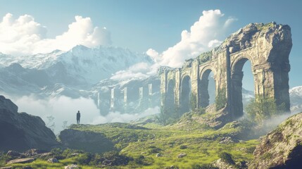 Obraz premium Solitude Amidst Ruins: A solitary figure stands on a verdant cliff, overlooking ancient ruins in a breathtaking mountain landscape. The scene evokes a sense of wonder and contemplation.