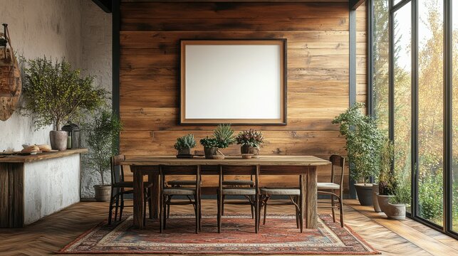 Rustic dining room with a blank frame on the buffet