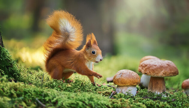 Bosque en Oto&ntilde;o con setas boletus y una ardilla buscando setas. Musgo, hojas