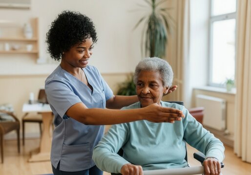Young nurse helping elderly patient doing exercises for rehabilitation in nursing home