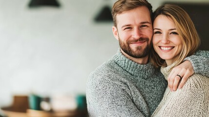 Fototapeta premium A happy couple embraces, smiling warmly at the camera in a cozy indoor setting, showcasing love and warmth.