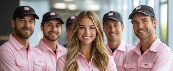 Group of people wearing pink shirts and hats are smiling for the camera. Group of people, diversity, from the same company, people from the industry, white background, sunny light, same uniforms pink