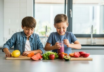 Two young brothers are happily preparing healthy fruit smoothies and sliced fruits in a modern kitchen