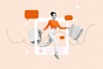 Composite artwork collage of app image frame blogger like profile summer vacation young woman walk hold bag sale promotion speech cloud