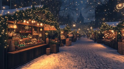 Obraz premium A snowy street with Christmas lights and a Christmas market. Generative AI