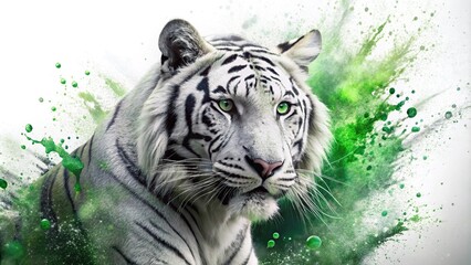 Obraz premium White tiger with green paint drips from a tilted angle
