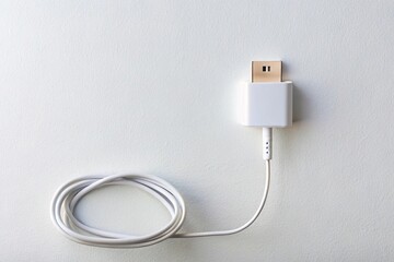 Fototapeta premium White wall background with charging cable and power adapter