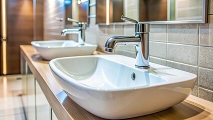 Fototapeta premium White wash basin with chrome faucet, public bathroom