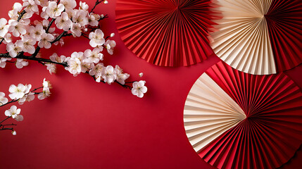 Elegant red and cream fan decorations with cherry blossoms on a vibrant red background for festive celebrations