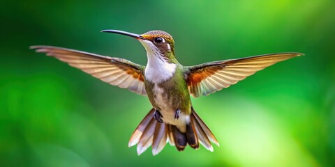 Fototapeta premium White whiskered hermit phaethornis yaruqui flying with open wings in tropical rainforest with green background