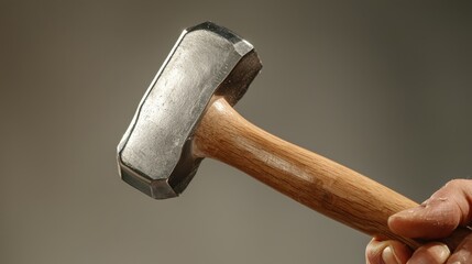 close up of hand holding sturdy hammer with wooden handle and metal head, ideal for heavy duty tasks. image highlights tools durability and craftsmanship