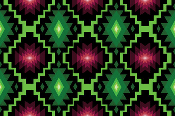 A captivating geometric pattern with a vibrant color scheme. The design gives off a strong sense of rhythm and movement, suggesting a possible cultural or historical influence.