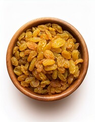 Golden raisins in a wooden bowl from above, isolated on a transparent background, perfect for food marketing, culinary visuals, and healthy snack promotions
