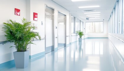 Fototapeta premium Modern Hospital Corridor. Bright Empty Hospital Hallway with Large Windows and Plants