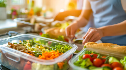 Bright sunlight filters through the kitchen as someone skillfully organizes a variety of colorful vegetables and fresh bread into meal prep containers, emphasizing the joy of healthy cooking