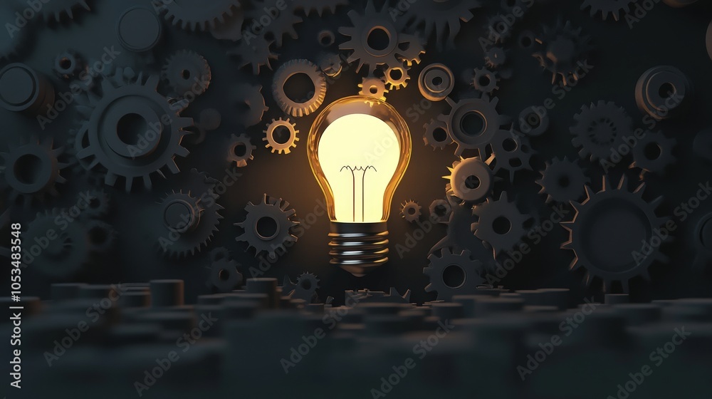 Poster illuminating innovation a light bulb surrounded by gears representing ideas and technology
