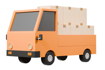 Obraz premium 3D Truck delivery back rack contain parcel box or cardboard icon. Minimal Cartoon Logistic Truck shipping delivery service isolated on orange background. Online shopping, E-commerce concept. 3d render