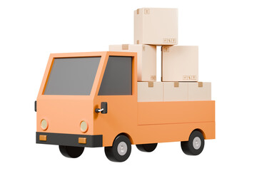 Obraz premium 3D Truck delivery back rack contain parcel box or cardboard icon. Minimal Cartoon Logistic Truck shipping delivery service isolated on orange background. Online shopping, E-commerce concept. 3d render