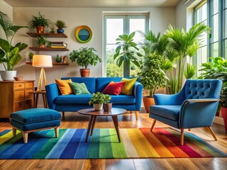 Fototapeta premium Colorful Mid-Century Modern Living Room with Vibrant Furniture, Blue Sofa, Rainbow Rug, and Indoor Plants in Nordic Design Setting for Home Decor Inspiration