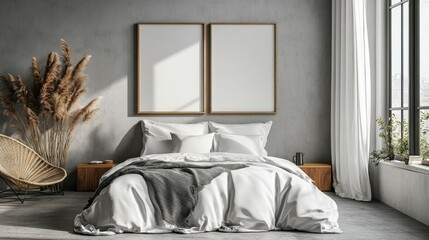Scandinavian bedroom with an empty frame set.