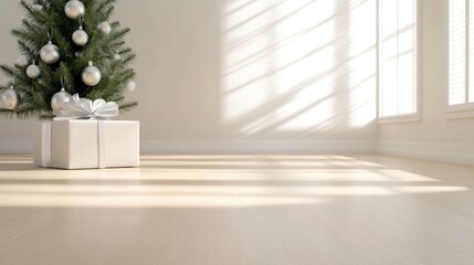 Fototapeta premium Minimalist Christmas tree with silver ornaments and a gift box in a sunlit room, AI