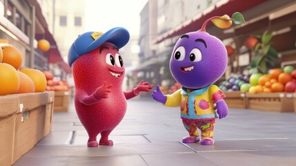 Obraz premium A 3D cartoon grape with a cap as the fruit store salesman, talking to a blueberry in a colorful outfit about the price of apples and oranges. The scene is set in a clean