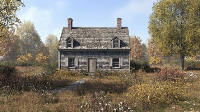 Saltbox house with a steep, sloping roof.