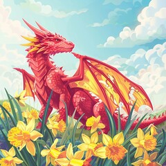 dragon in the field with white background