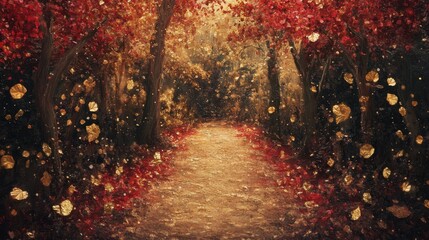 Fototapeta premium Pathway through a forest of red and gold leaves