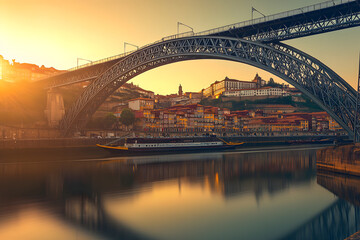 Obraz premium Porto con rio y puente de hierro