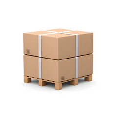 Cardboard boxes stacked on pallet isolated on white background