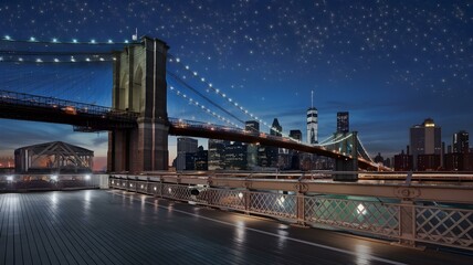 Obraz premium Enchanting Brooklyn Bridge at Night: A Stunning View of the Iconic Structure Illuminated Against a Starry Sky with the Manhattan Skyline in the Background