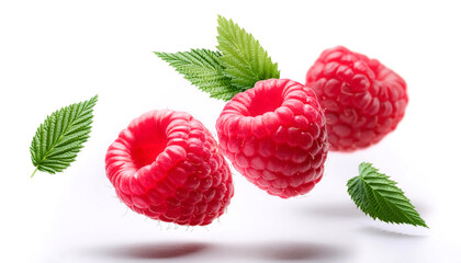 raspberry fruits with leaves floating or flying isolated white background