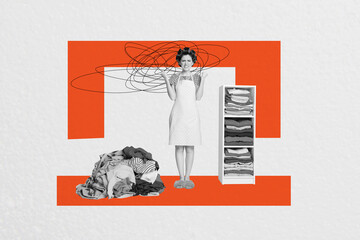 Composite trend collage of monochrome housewife pinup style hairdo young lady stand room pile dirty clothes laundry mess depression tired