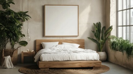 Serene bedroom with a mockup canvas on the wall