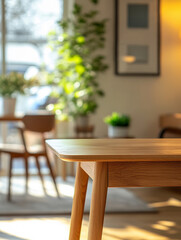 Obraz premium Wooden table in a sunlit, modern dining room