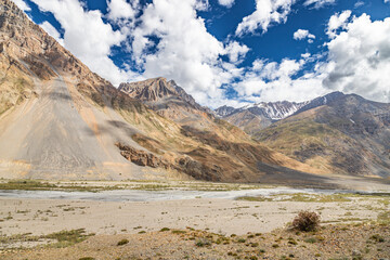 View of himalayan mountains and a spiti river from spiti valley in spiti, gramphu-batal-kaza road himachal pradesh, India.