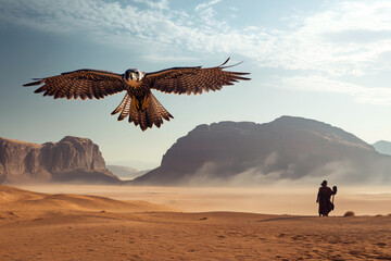 Naklejka premium Majestic falcon flying over a vast desert landscape during a falconry hunt, with the hunter standing in the distance holding a glove.